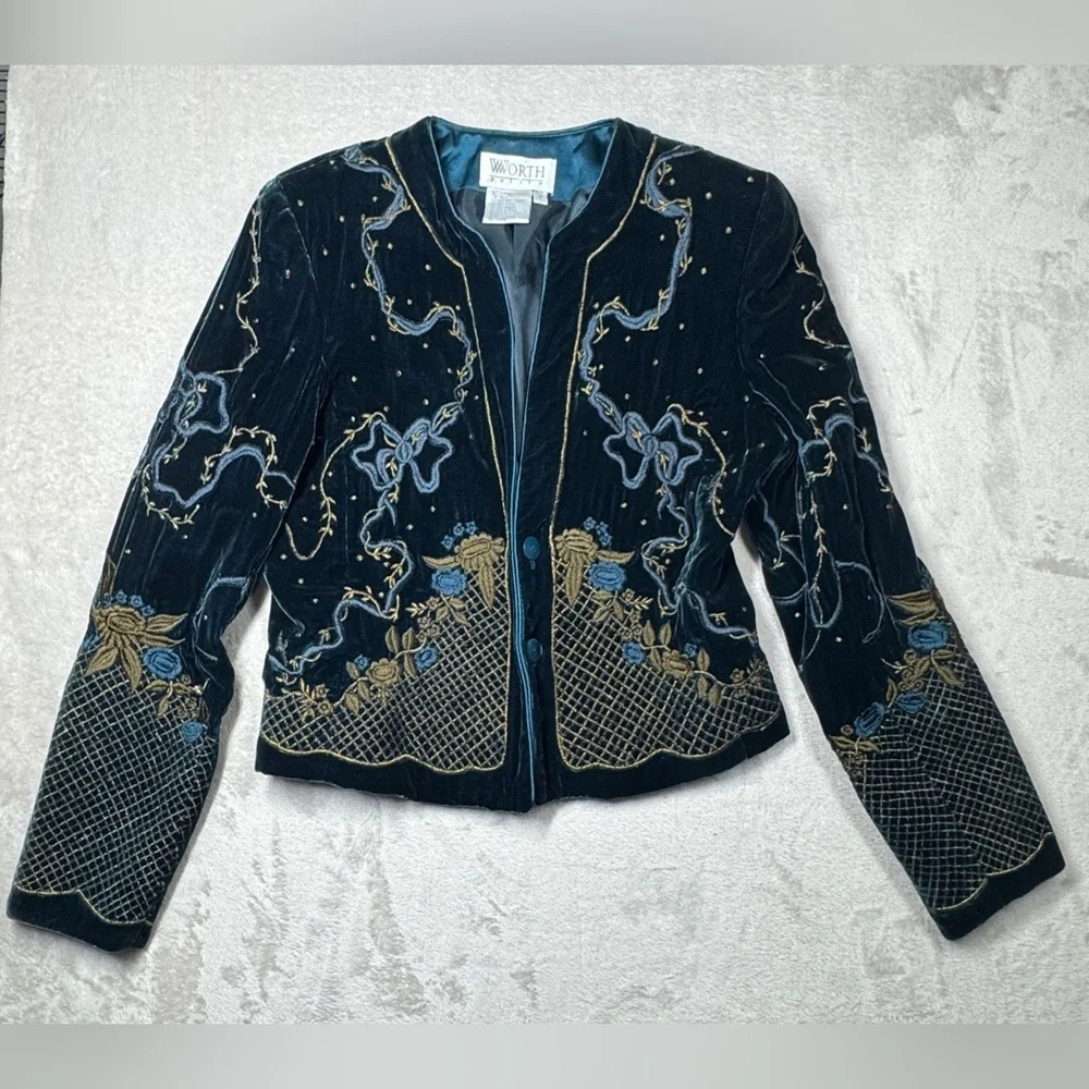 Vintage Worth Silk Blend Dark Teal Velvet Embroidered Celestial Blazer Size 4P - Picture 1 of 17